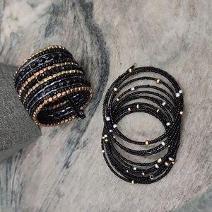 Two black and gold bead bracelets memory wire stretch cuff band